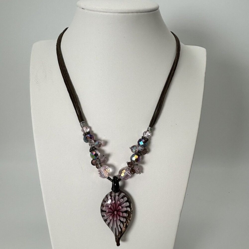 Necklace Handblown 3D Flower Pendant Purple Shimmer Faceted Spacers 18"
